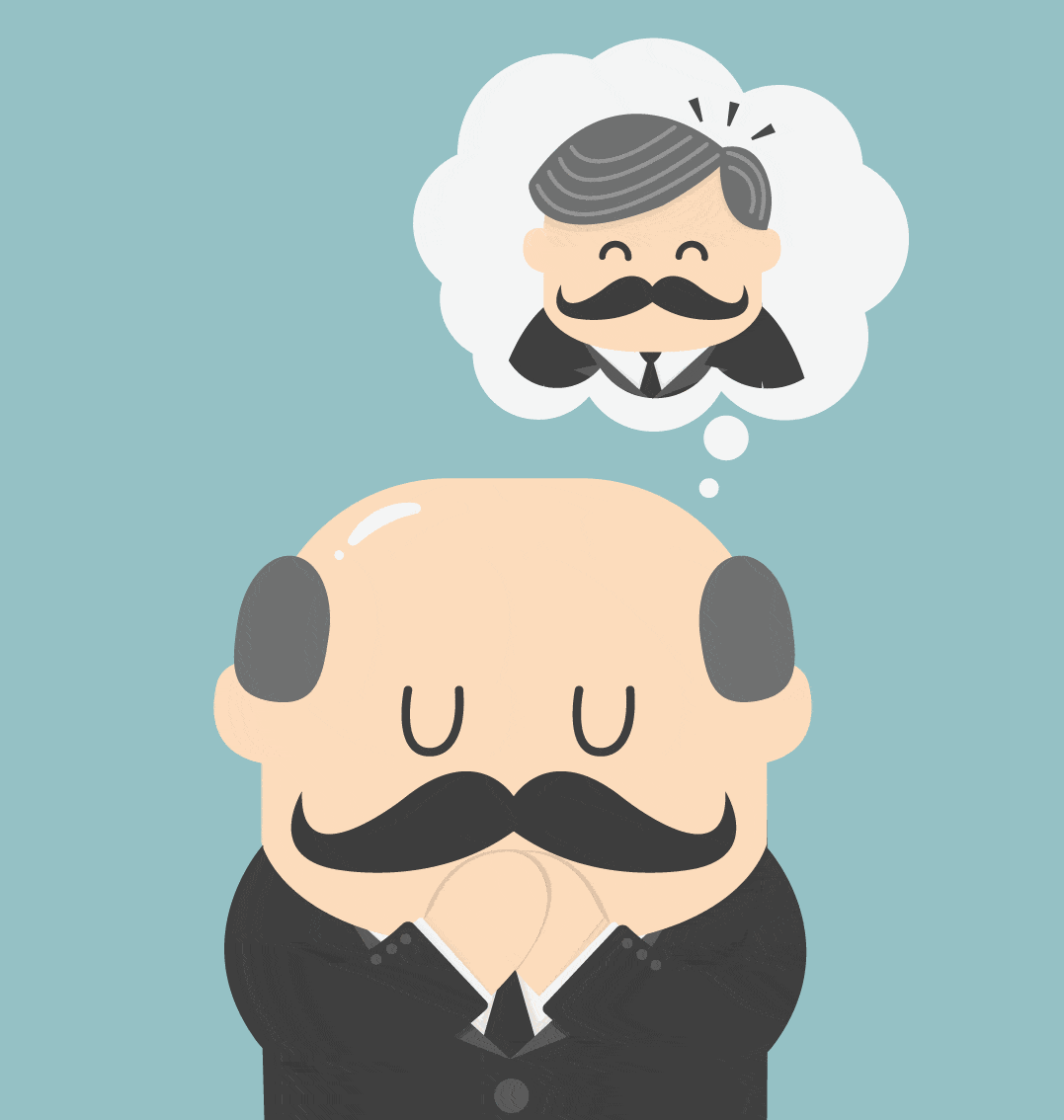 A vector man with a mustache and bald spot imagining himself with hair