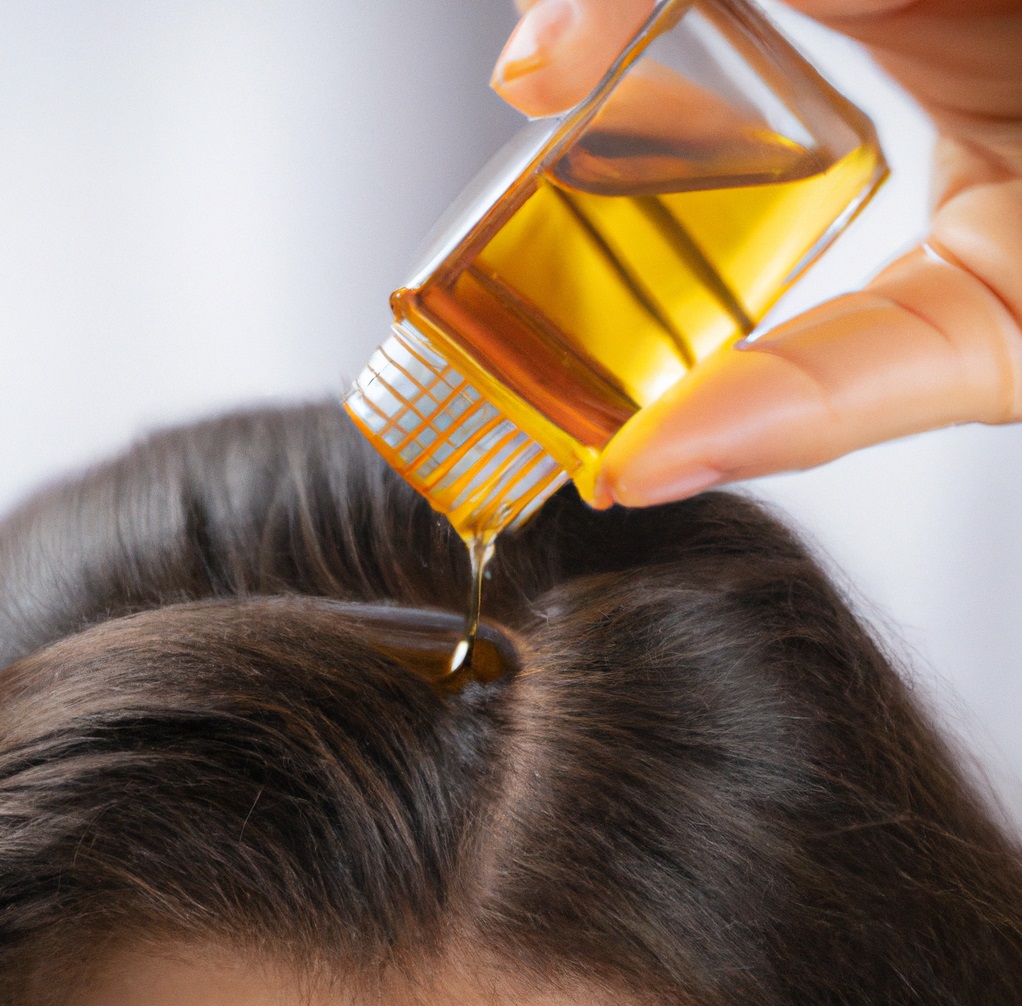 woman dropping oil from a clear bottle into her hair part