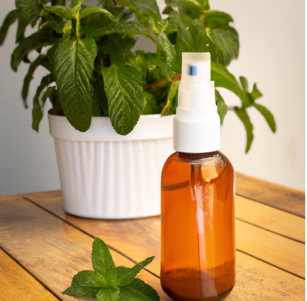 amber spray bottle on table next to potted peppermint plant