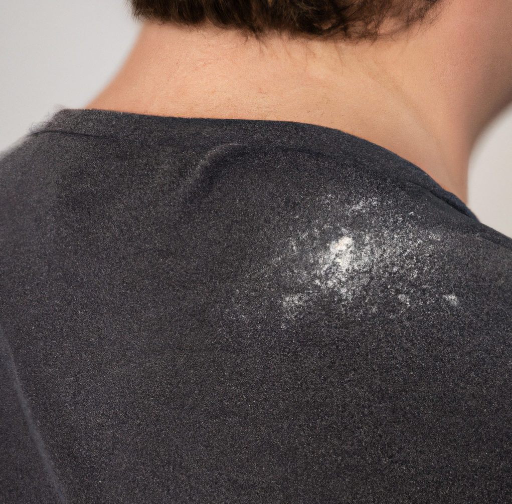 close up photo of a man wearing a t-shirt with dandruff on his shoulder