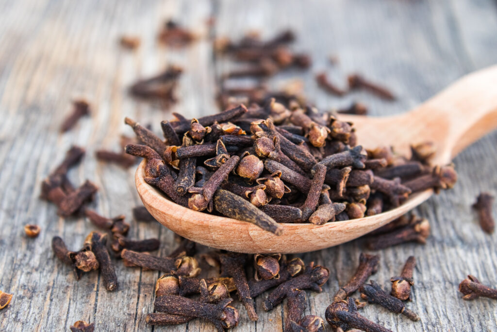 a wooden spoon holding a heaping pile of cloves over a wooden table covered with cloves